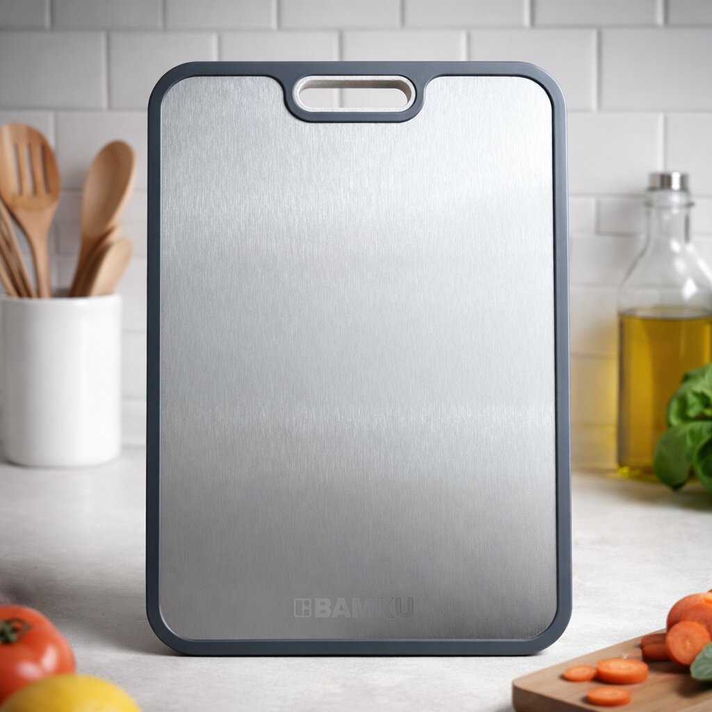 Gray cutting board with handle on a kitchen counter with vegetables and oil bottle in the background