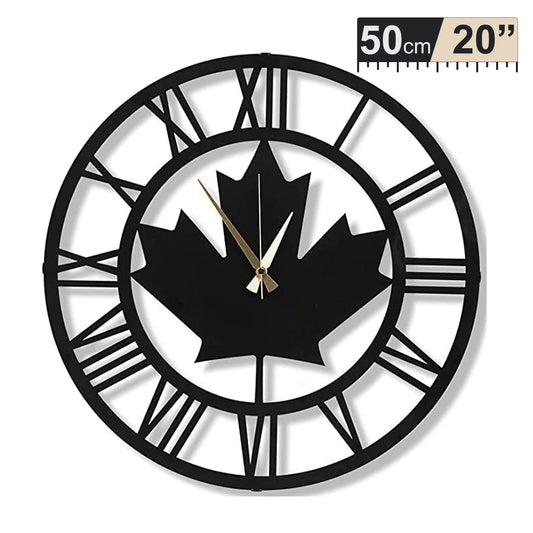 Maple Roman, Large Wall Clock, Silent Non-Ticking Coated Metal, Black 20" - 50cm