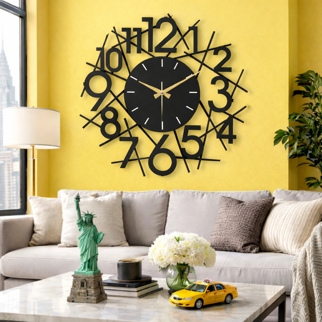Stripes, Large Wall Clock, Silent Non-Ticking Coated Metal, Black