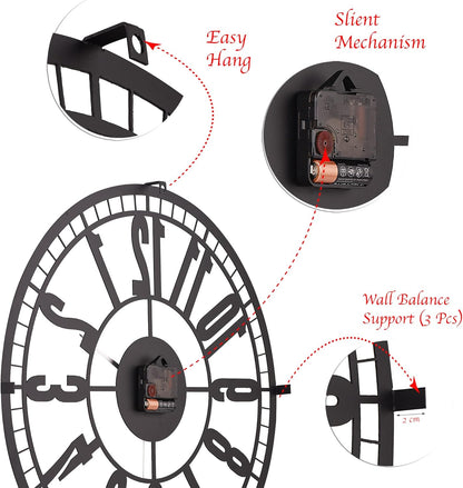 Station One, Large Wall Clock, Silent Non-Ticking Coated Metal, Black