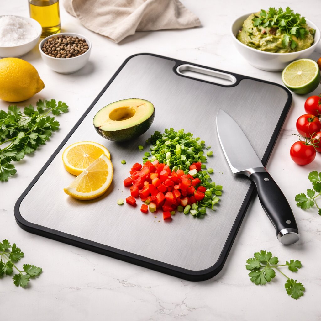 Chopping board with chopped vegetables, a knife, and ingredients on a white surface