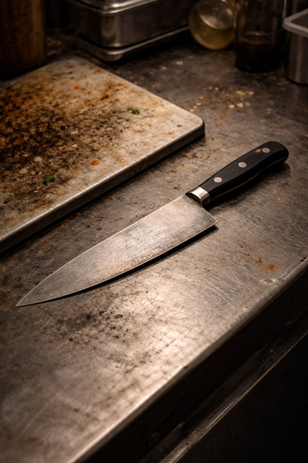 Chef's knife on a metal surface with a worn-out cutting board in the background