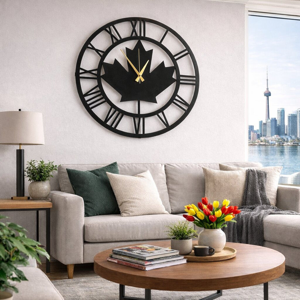 Maple Roman, Large Wall Clock, Silent Non-Ticking Coated Metal, Black 20" - 50cm