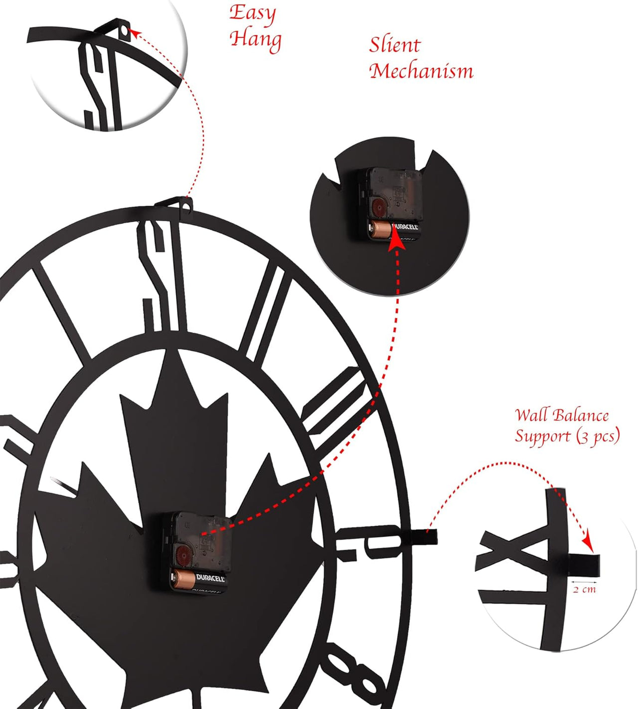 20” Silent Metal Wall Clock (50cm) – Modern Open-Frame, Non-Ticking Quartz - [Maple Leaf]