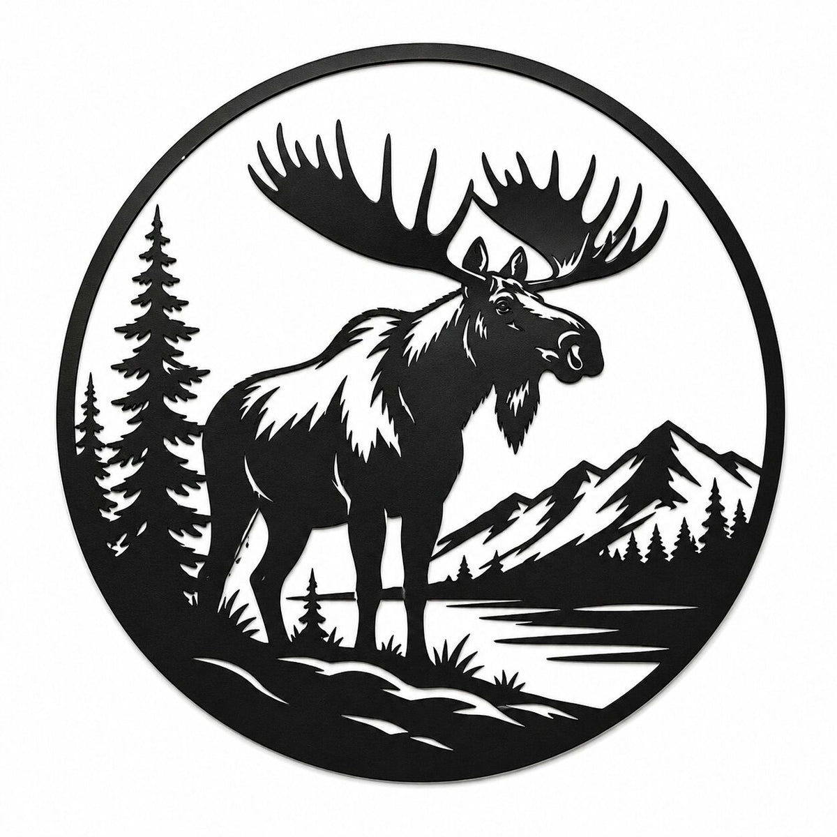 Decorative metal wall art of a moose with mountains and trees in a circular design.