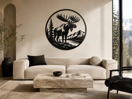 Decorative wall art of a moose in a natural setting above a modern living room sofa.