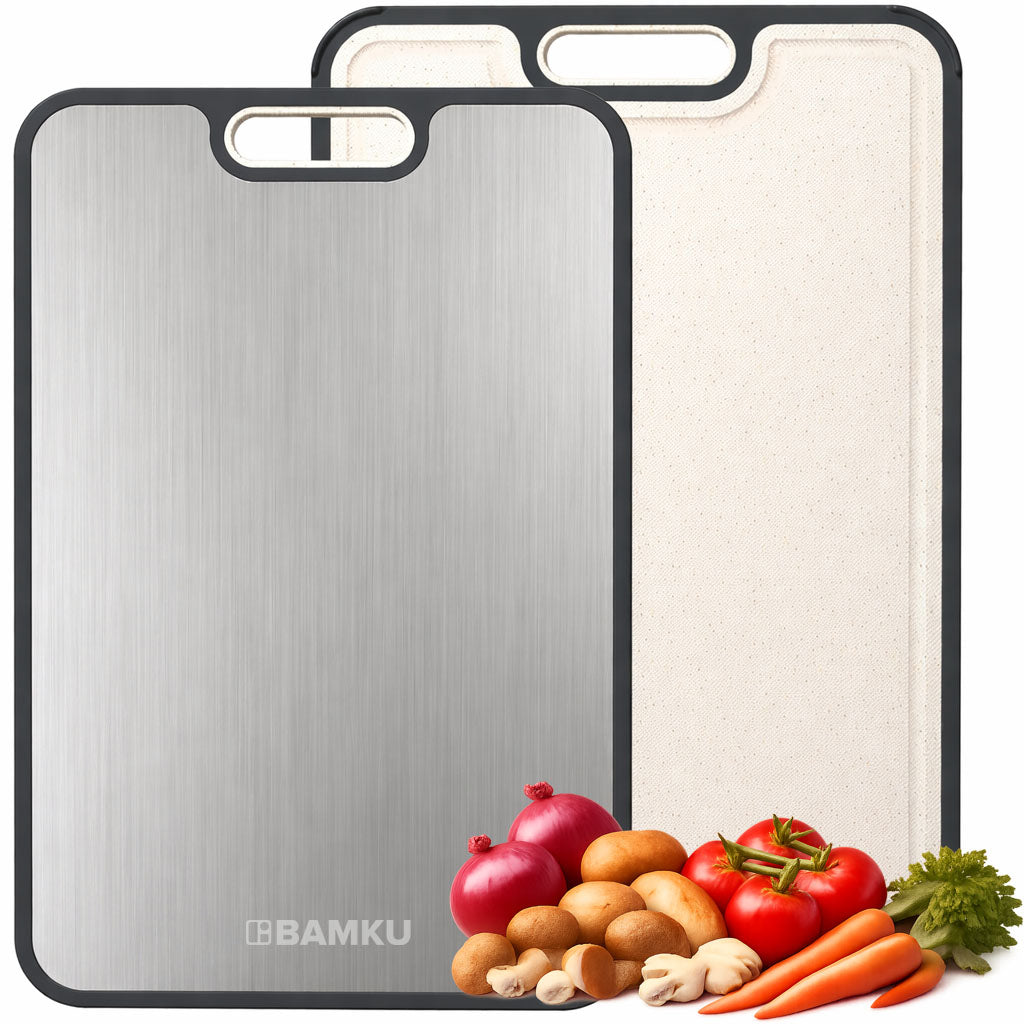 Two cutting boards, one silver and one white, with vegetables on a white background. BAMCU brand visible.