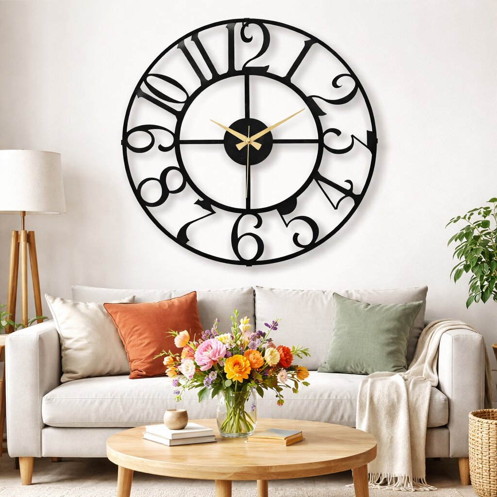 Rustica, Large Wall Clock, Silent Non-Ticking Coated Metal, Black