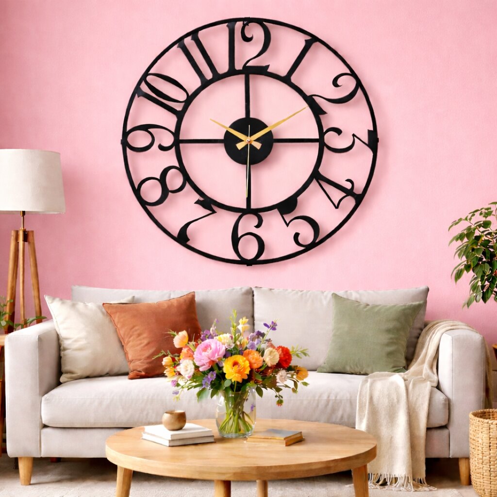 Rustica, Large Wall Clock, Silent Non-Ticking Coated Metal, Black