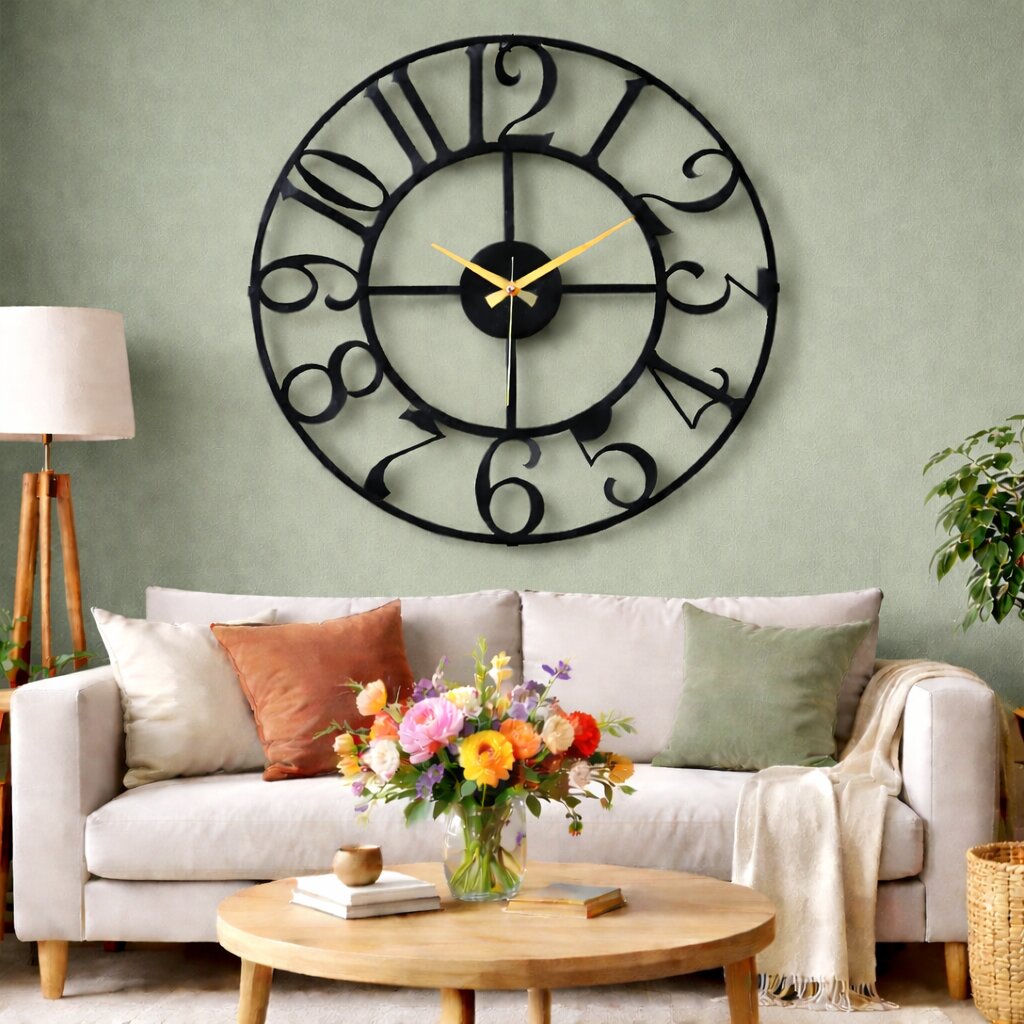 Rustica, Large Wall Clock, Silent Non-Ticking Coated Metal, Black