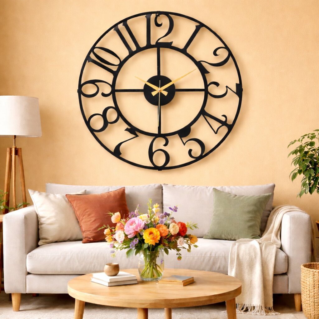 Rustica, Large Wall Clock, Silent Non-Ticking Coated Metal, Black