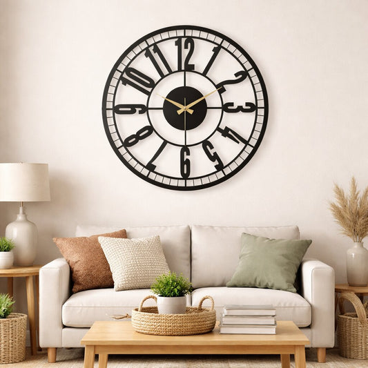 Station One, Large Wall Clock, Silent Non-Ticking Coated Metal, Black