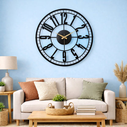 Station One, Large Wall Clock, Silent Non-Ticking Coated Metal, Black