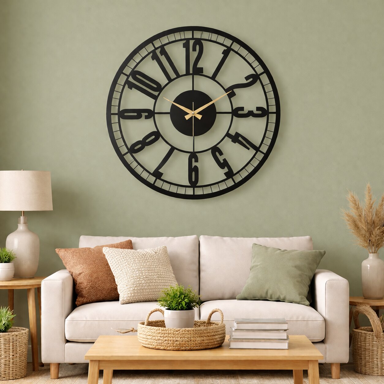 Station One, Large Wall Clock, Silent Non-Ticking Coated Metal, Black