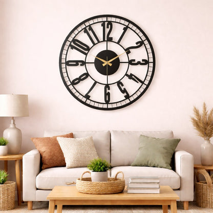 Station One, Large Wall Clock, Silent Non-Ticking Coated Metal, Black