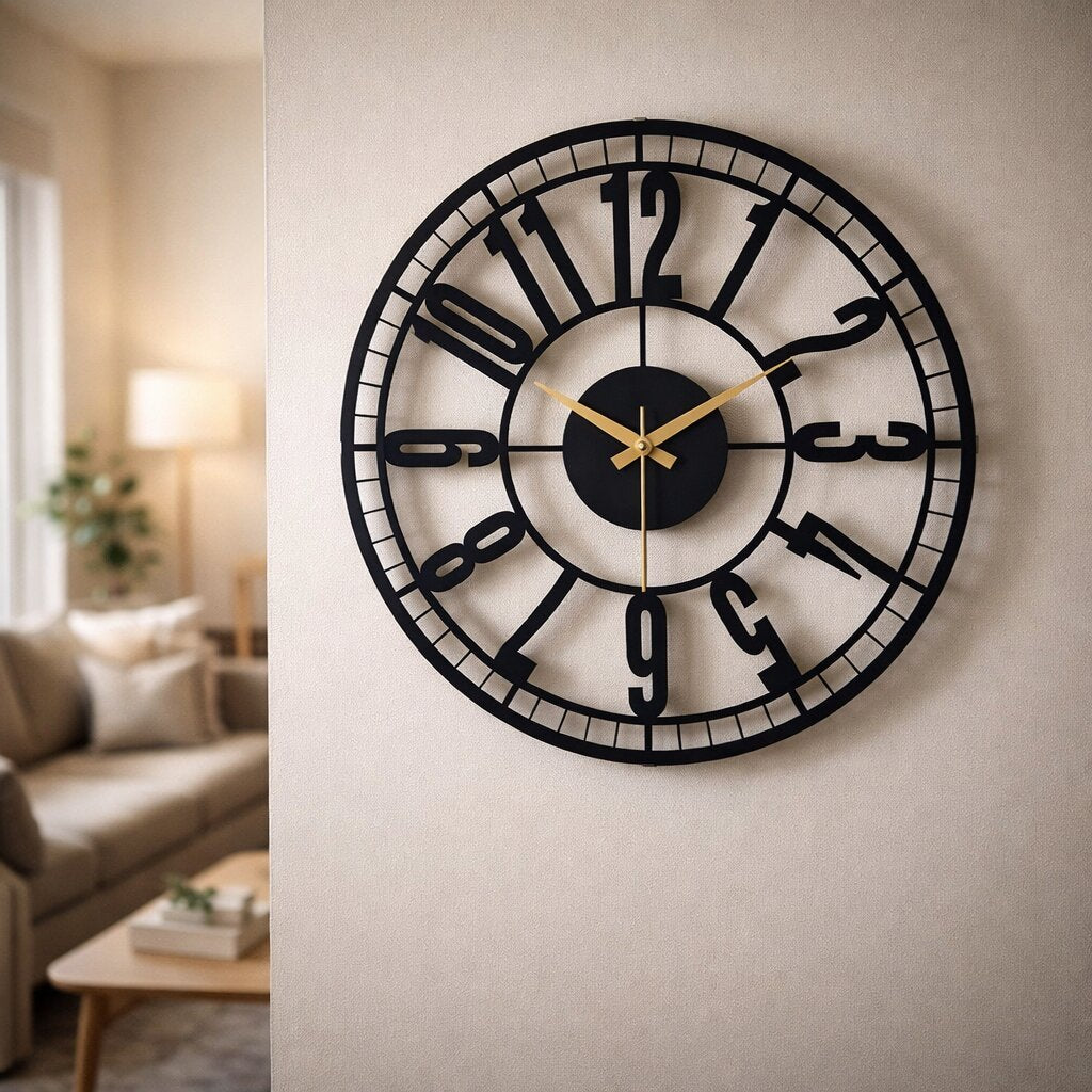 Station One, Large Wall Clock, Silent Non-Ticking Coated Metal, Black