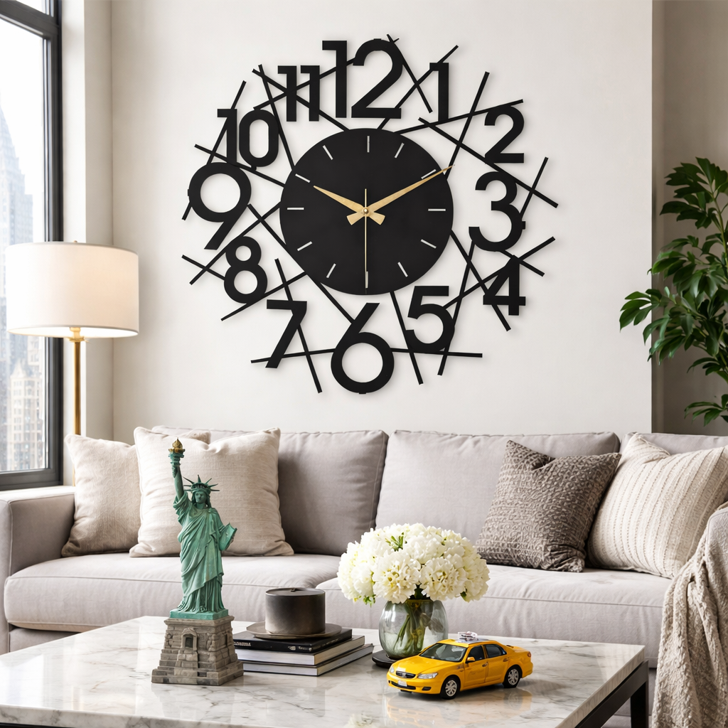 Stripes, Large Wall Clock, Silent Non-Ticking Coated Metal, Black
