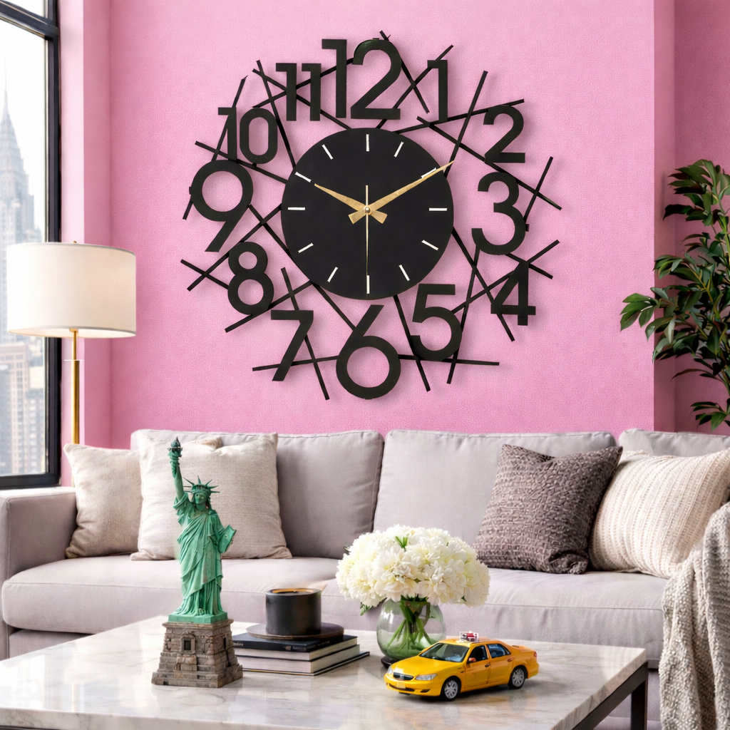 Stripes, Large Wall Clock, Silent Non-Ticking Coated Metal, Black