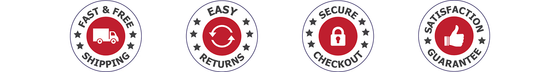 Four circular icons with text on a white background trust badges